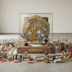 Ilustração satírica inspirada em South Park representando o abismo entre as promessas da inteligência artificial e a realidade do mercado de trabalho. Três caixas conectadas por setas detalham o plano: a Fase 1 diz "Construir a tecnologia"; a Fase 2 exibe um grande ponto de interrogação com o texto "Vácuo de transparência e fluxos reais"; a Fase 3 diz Transformação econômica e lucro.