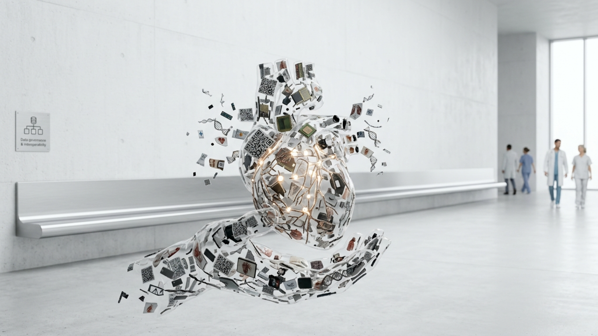 Escultura digital translúcida em formato de coração humano flutuando sobre mãos invisíveis em um corredor hospitalar minimalista, composta por fragmentos de dados, QR codes e microchips, simbolizando a integração da saúde digital.
