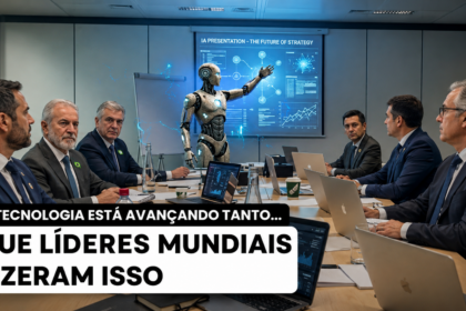 Representação gráfica de ataques cibernéticos e proteção de dados com inteligência artificial, destacando redes de conexão e segurança digital corporativa.