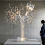 Uma escultura flutuante e luminosa feita de redes neurais e filamentos de luz emerge de um livro aberto em um pedestal, representando a técnica de RAG (Recuperação Aumentada por Geração). Em um ambiente minimalista de concreto e luz natural, uma observadora contempla a conexão entre os dados brutos e a inteligência gerada.