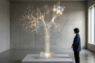 Uma escultura flutuante e luminosa feita de redes neurais e filamentos de luz emerge de um livro aberto em um pedestal, representando a técnica de RAG (Recuperação Aumentada por Geração). Em um ambiente minimalista de concreto e luz natural, uma observadora contempla a conexão entre os dados brutos e a inteligência gerada.