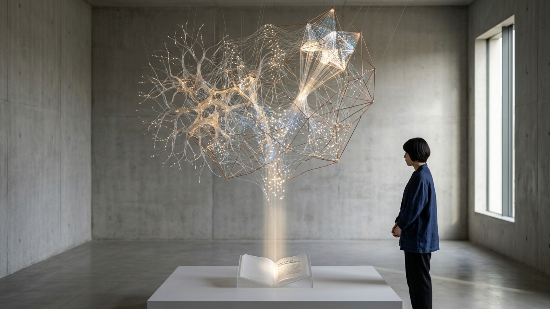 Uma escultura flutuante e luminosa feita de redes neurais e filamentos de luz emerge de um livro aberto em um pedestal, representando a técnica de RAG (Recuperação Aumentada por Geração). Em um ambiente minimalista de concreto e luz natural, uma observadora contempla a conexão entre os dados brutos e a inteligência gerada.