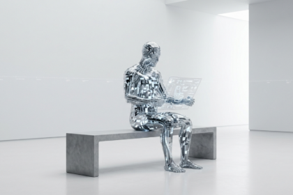 Escultura humana feita de fibras de vidro e circuitos de dados brilhantes, sentada em um banco de concreto em um ambiente minimalista branco, segurando um diagrama holográfico de jornada de voo.