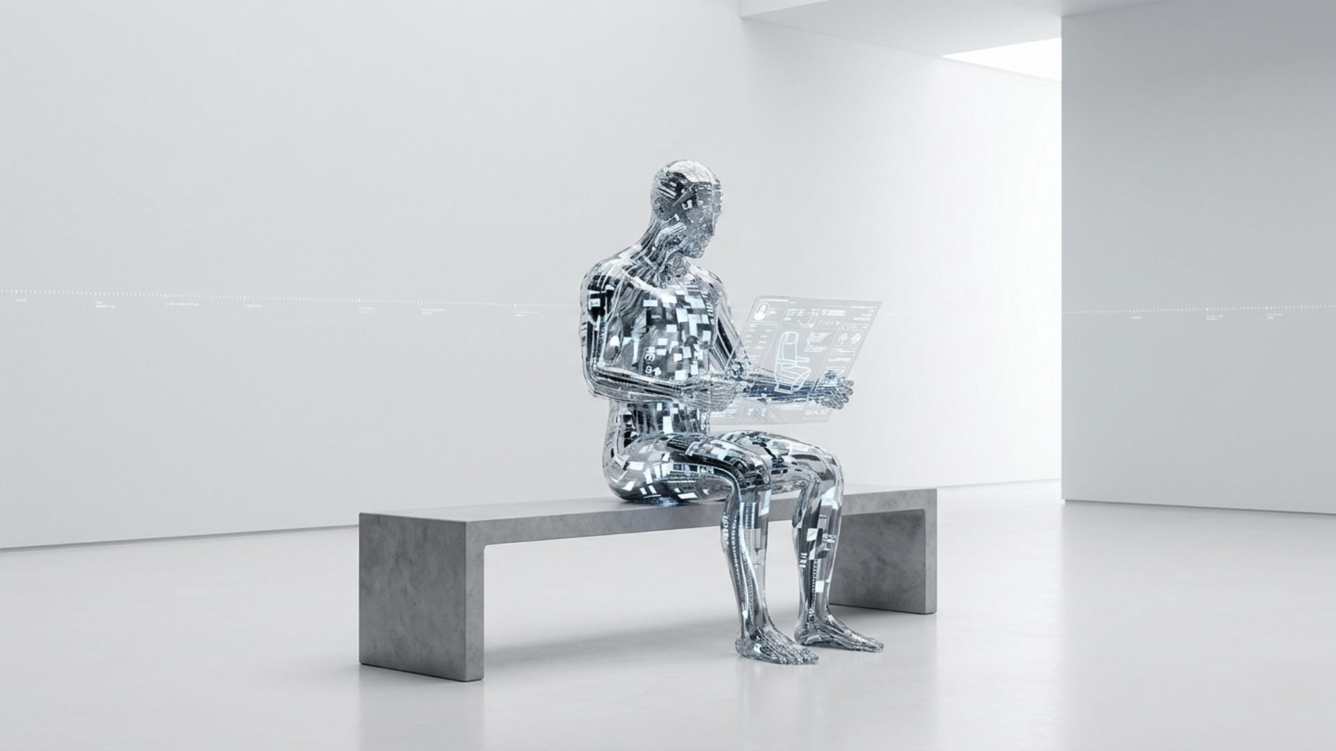 Escultura humana feita de fibras de vidro e circuitos de dados brilhantes, sentada em um banco de concreto em um ambiente minimalista branco, segurando um diagrama holográfico de jornada de voo.