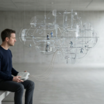 Um profissional em ambiente minimalista orquestrando uma estrutura complexa de vidro e luz que representa uma rede neural, simbolizando a transição de tarefas manuais para a regência de sistemas inteligentes e agentes de IA.
