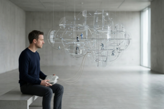 Um profissional em ambiente minimalista orquestrando uma estrutura complexa de vidro e luz que representa uma rede neural, simbolizando a transição de tarefas manuais para a regência de sistemas inteligentes e agentes de IA.