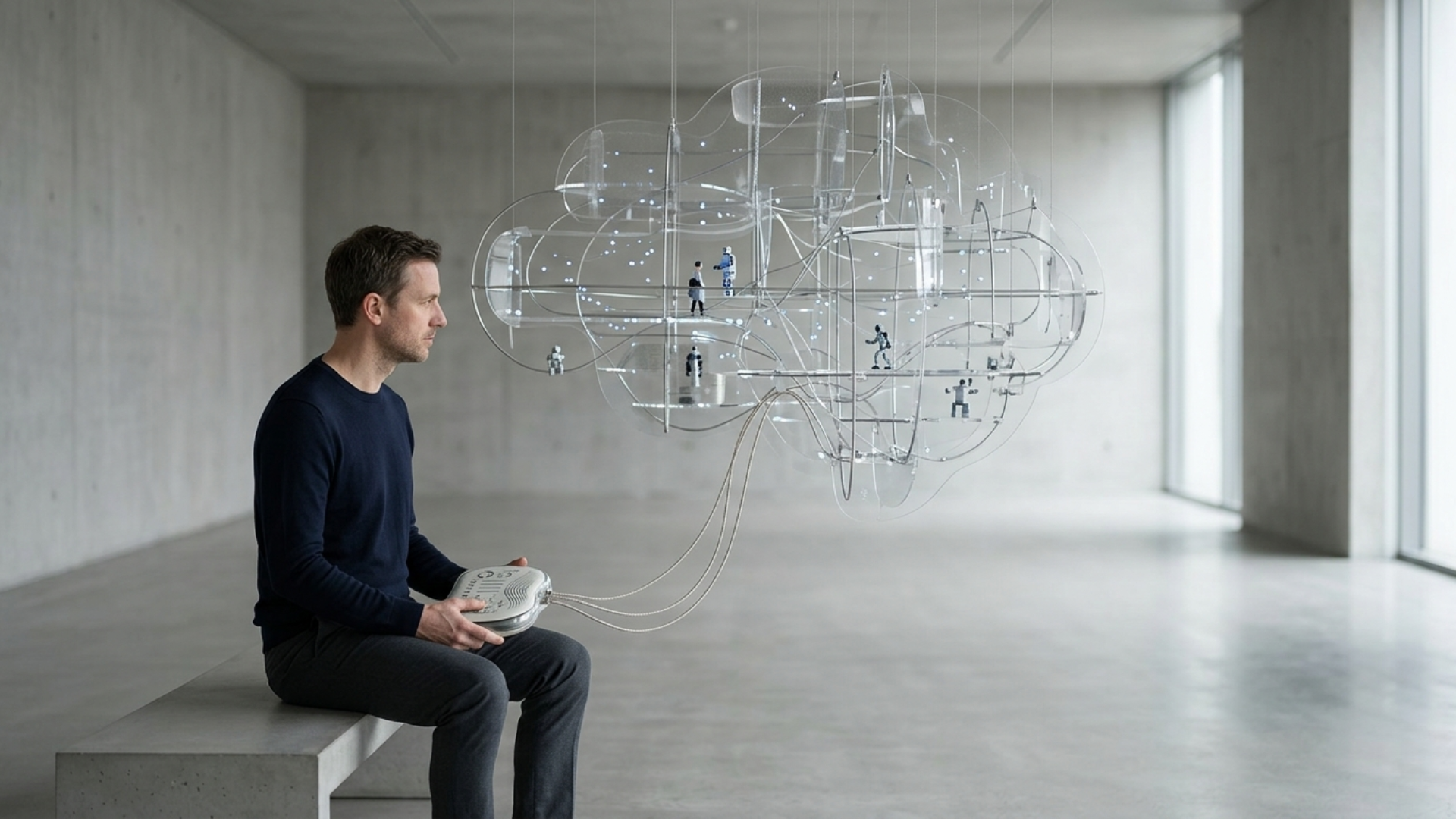 Um profissional em ambiente minimalista orquestrando uma estrutura complexa de vidro e luz que representa uma rede neural, simbolizando a transição de tarefas manuais para a regência de sistemas inteligentes e agentes de IA.