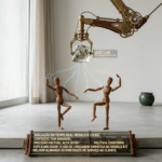 Fotografia de alta resolução em estilo minimalista mostrando dois manequins articulados de madeira em uma coreografia, enquanto um braço robótico suspenso segura um prisma de vidro transparente sobre eles. O ambiente possui paredes de concreto aparente, piso de cimento queimado e luz natural suave vinda de uma janela com cortinas translúcidas.