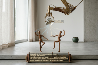 Fotografia de alta resolução em estilo minimalista mostrando dois manequins articulados de madeira em uma coreografia, enquanto um braço robótico suspenso segura um prisma de vidro transparente sobre eles. O ambiente possui paredes de concreto aparente, piso de cimento queimado e luz natural suave vinda de uma janela com cortinas translúcidas.