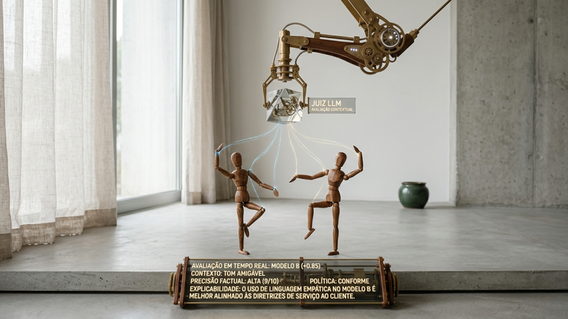 Fotografia de alta resolução em estilo minimalista mostrando dois manequins articulados de madeira em uma coreografia, enquanto um braço robótico suspenso segura um prisma de vidro transparente sobre eles. O ambiente possui paredes de concreto aparente, piso de cimento queimado e luz natural suave vinda de uma janela com cortinas translúcidas.