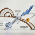 Escultura abstrata e minimalista em um ambiente clean, representando o crescimento financeiro da Creditas com elementos de madeira, vidro e metal, incluindo gráficos ascendentes e uma esfera dourada simbolizando o breakeven.