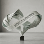 Uma escultura em formato de fita de Möbius feita de papel texturizado com códigos de programação e microchips impressos, levitando sobre um pequeno pedestal cúbico preto em um ambiente minimalista iluminado por luz natural suave.