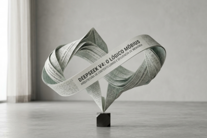 Uma escultura em formato de fita de Möbius feita de papel texturizado com códigos de programação e microchips impressos, levitando sobre um pequeno pedestal cúbico preto em um ambiente minimalista iluminado por luz natural suave.