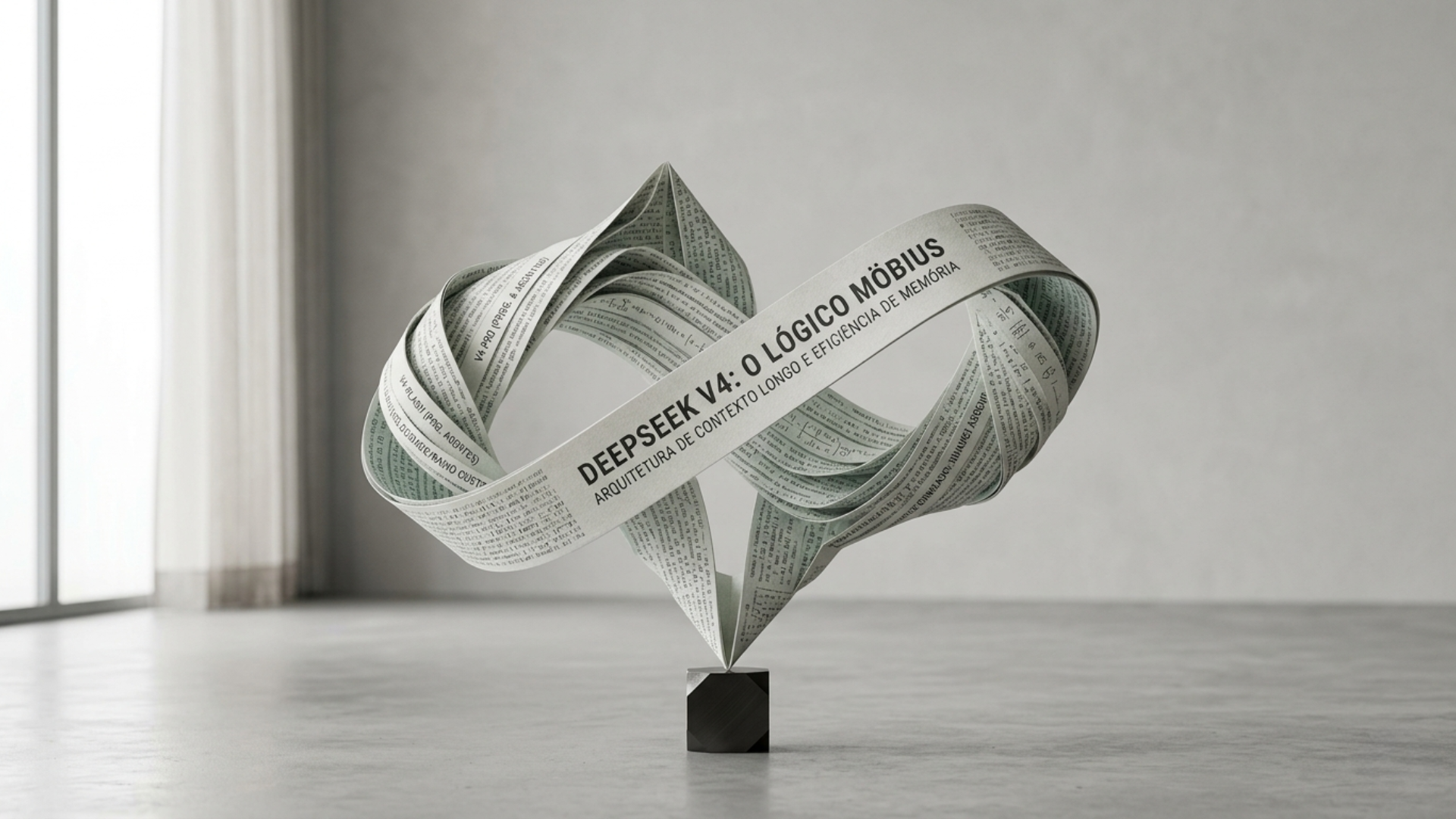Uma escultura em formato de fita de Möbius feita de papel texturizado com códigos de programação e microchips impressos, levitando sobre um pequeno pedestal cúbico preto em um ambiente minimalista iluminado por luz natural suave.