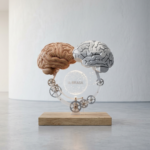 Escultura surrealista de dois hemisférios cerebrais (um em madeira texturizada e outro em papel jurídico impresso) conectados por engrenagens translúcidas sobre uma base de madeira, posicionada no centro de uma galeria de arte minimalista e iluminada.