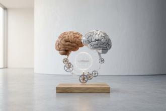 Escultura surrealista de dois hemisférios cerebrais (um em madeira texturizada e outro em papel jurídico impresso) conectados por engrenagens translúcidas sobre uma base de madeira, posicionada no centro de uma galeria de arte minimalista e iluminada.