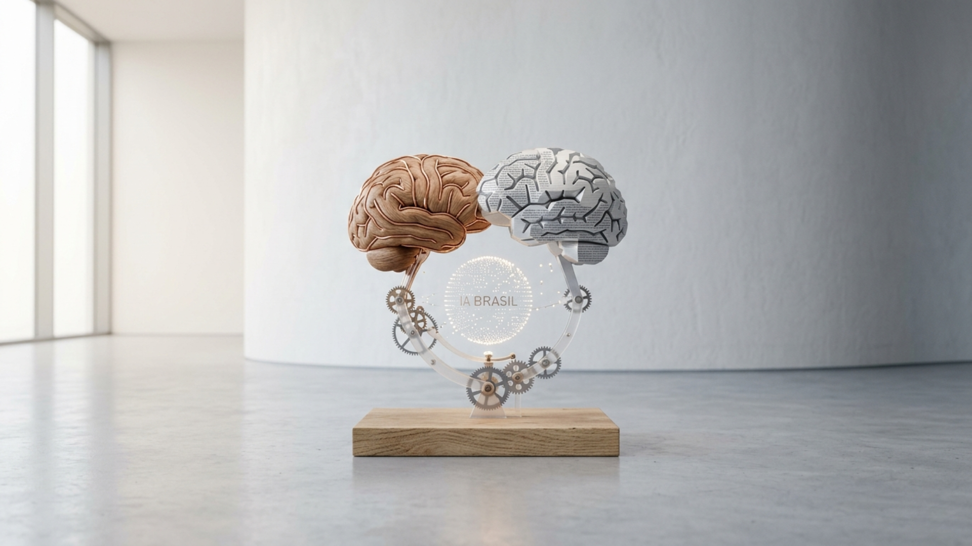 Escultura surrealista de dois hemisférios cerebrais (um em madeira texturizada e outro em papel jurídico impresso) conectados por engrenagens translúcidas sobre uma base de madeira, posicionada no centro de uma galeria de arte minimalista e iluminada.