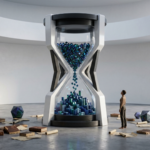 Uma ampulheta futurista gigante em um ambiente minimalista, onde cristais azuis brilhantes (representando dados) caem sobre uma estrutura jurídica organizada, contrastando com livros físicos antigos espalhados pelo chão de concreto.