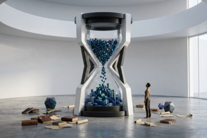 Uma ampulheta futurista gigante em um ambiente minimalista, onde cristais azuis brilhantes (representando dados) caem sobre uma estrutura jurídica organizada, contrastando com livros físicos antigos espalhados pelo chão de concreto.