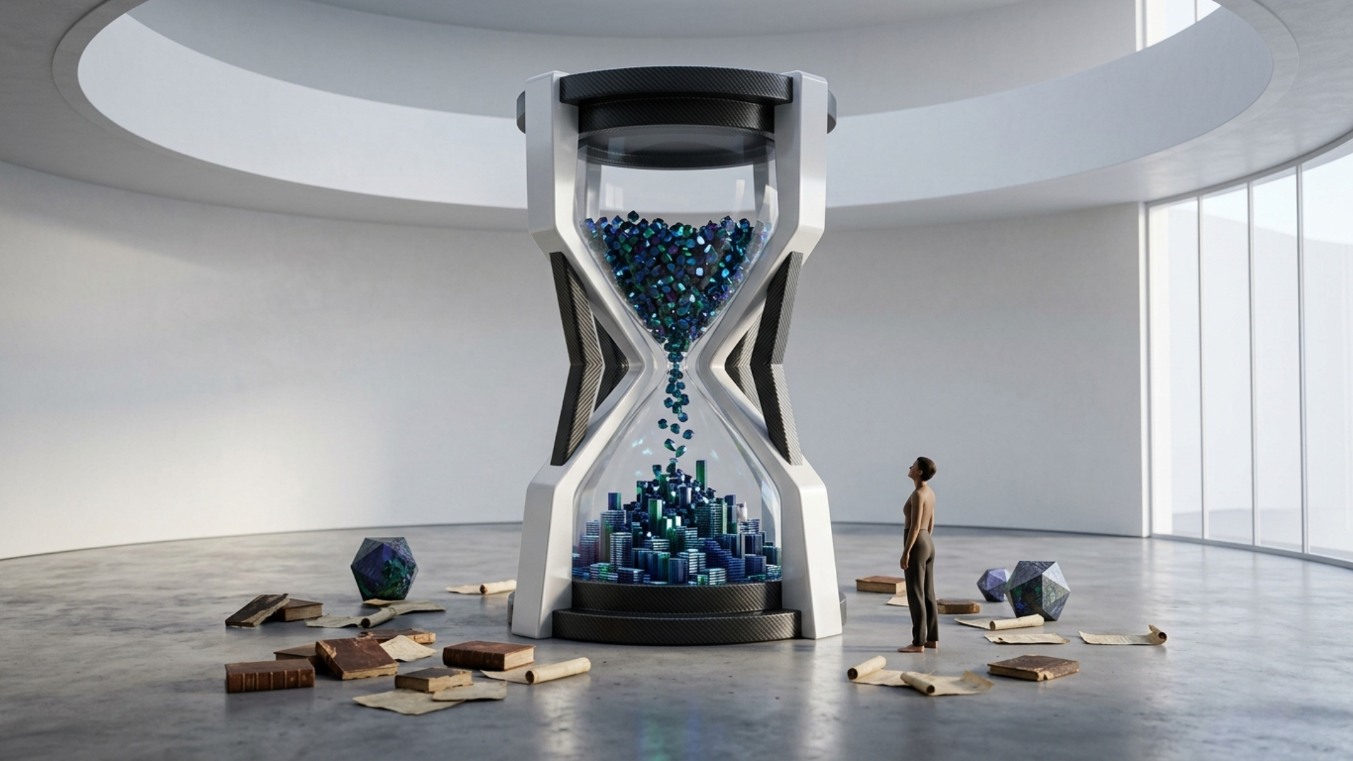 Uma ampulheta futurista gigante em um ambiente minimalista, onde cristais azuis brilhantes (representando dados) caem sobre uma estrutura jurídica organizada, contrastando com livros físicos antigos espalhados pelo chão de concreto.