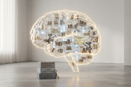 Uma escultura minimalista e flutuante de um cérebro humano feito de neon quente e vidro, contendo uma biblioteca interna organizada. Ao lado, blocos de pedra fundamentais com as inscrições "VISIBILIDADE DA MARCA", "FONTES CONFIÁVEIS" e "AEO" com uma chave dourada. Representação conceitual de curadoria de conteúdo para IA.