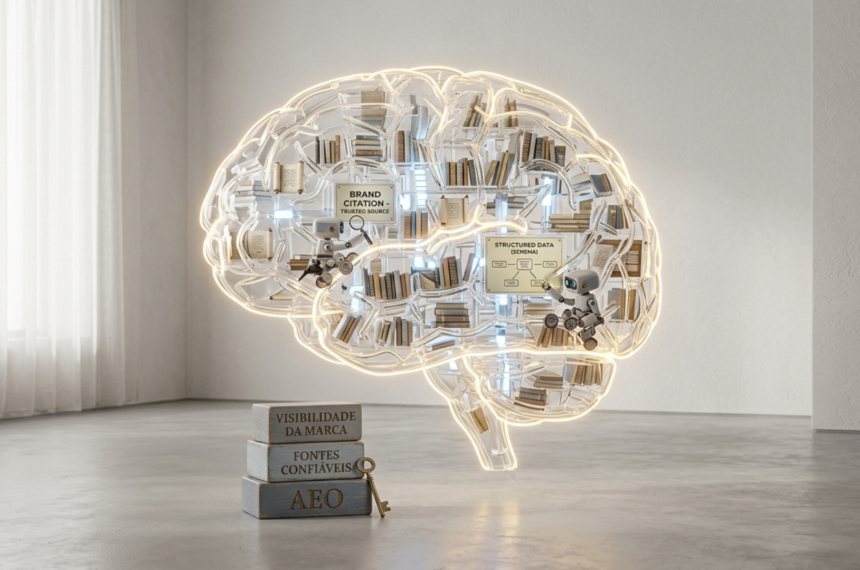 Uma escultura minimalista e flutuante de um cérebro humano feito de neon quente e vidro, contendo uma biblioteca interna organizada. Ao lado, blocos de pedra fundamentais com as inscrições "VISIBILIDADE DA MARCA", "FONTES CONFIÁVEIS" e "AEO" com uma chave dourada. Representação conceitual de curadoria de conteúdo para IA.
