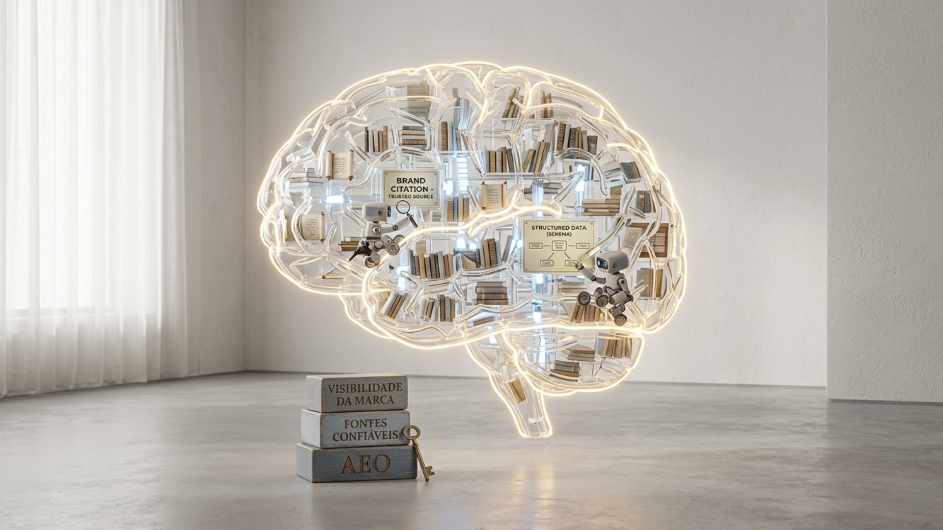 Uma escultura minimalista e flutuante de um cérebro humano feito de neon quente e vidro, contendo uma biblioteca interna organizada. Ao lado, blocos de pedra fundamentais com as inscrições "VISIBILIDADE DA MARCA", "FONTES CONFIÁVEIS" e "AEO" com uma chave dourada. Representação conceitual de curadoria de conteúdo para IA.