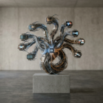 Escultura biônica em formato de hidra feita de cabos e circuitos integrados, com telas exibindo códigos binários, posicionada no centro de uma sala minimalista de concreto com luz natural suave.