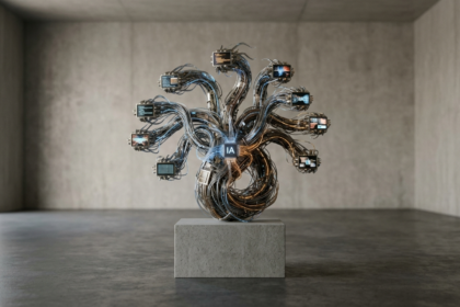 Escultura biônica em formato de hidra feita de cabos e circuitos integrados, com telas exibindo códigos binários, posicionada no centro de uma sala minimalista de concreto com luz natural suave.
