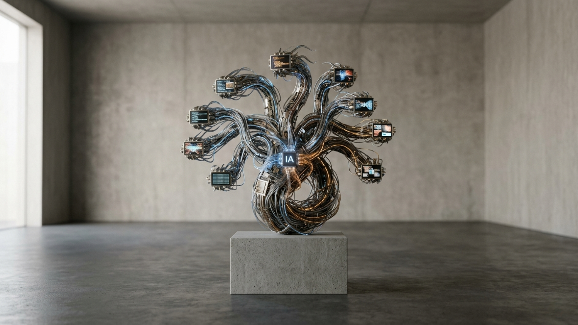 Escultura biônica em formato de hidra feita de cabos e circuitos integrados, com telas exibindo códigos binários, posicionada no centro de uma sala minimalista de concreto com luz natural suave.