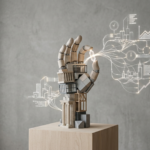 Escultura lúdica de uma mão mecânica feita de blocos arquitetônicos em um ambiente minimalista, simbolizando a estrutura de um tema WordPress que gera crescimento e credibilidade para consultorias.