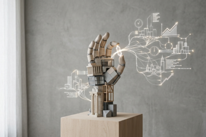 Escultura lúdica de uma mão mecânica feita de blocos arquitetônicos em um ambiente minimalista, simbolizando a estrutura de um tema WordPress que gera crescimento e credibilidade para consultorias.