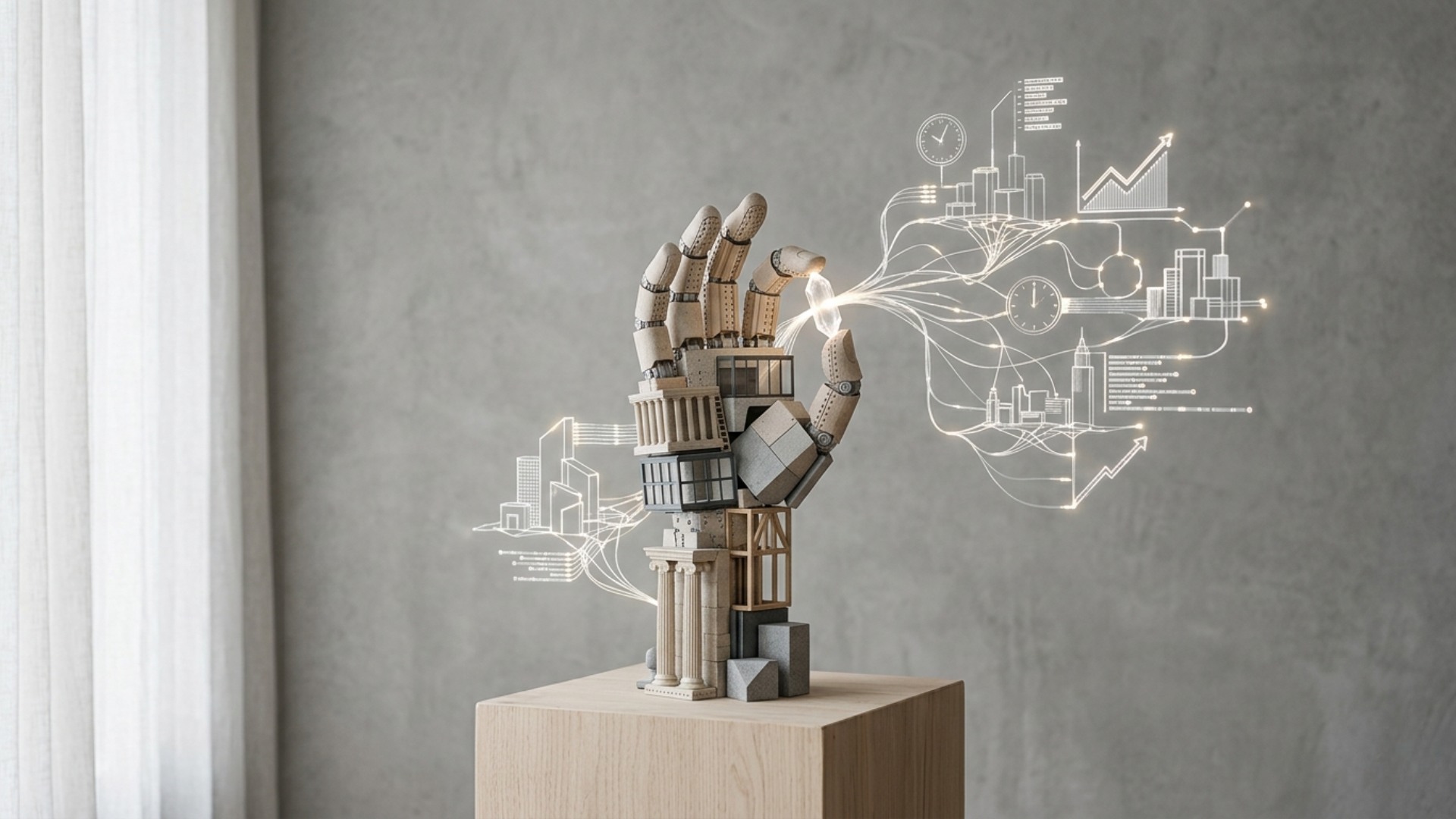 Escultura lúdica de uma mão mecânica feita de blocos arquitetônicos em um ambiente minimalista, simbolizando a estrutura de um tema WordPress que gera crescimento e credibilidade para consultorias.
