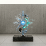 Escultura digital disruptiva representando uma rede neural de IA integrada a um núcleo tecnológico minimalista, simbolizando a inovação e o monitoramento em tempo real.