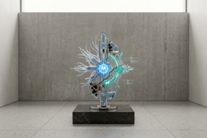 Escultura digital disruptiva representando uma rede neural de IA integrada a um núcleo tecnológico minimalista, simbolizando a inovação e o monitoramento em tempo real.