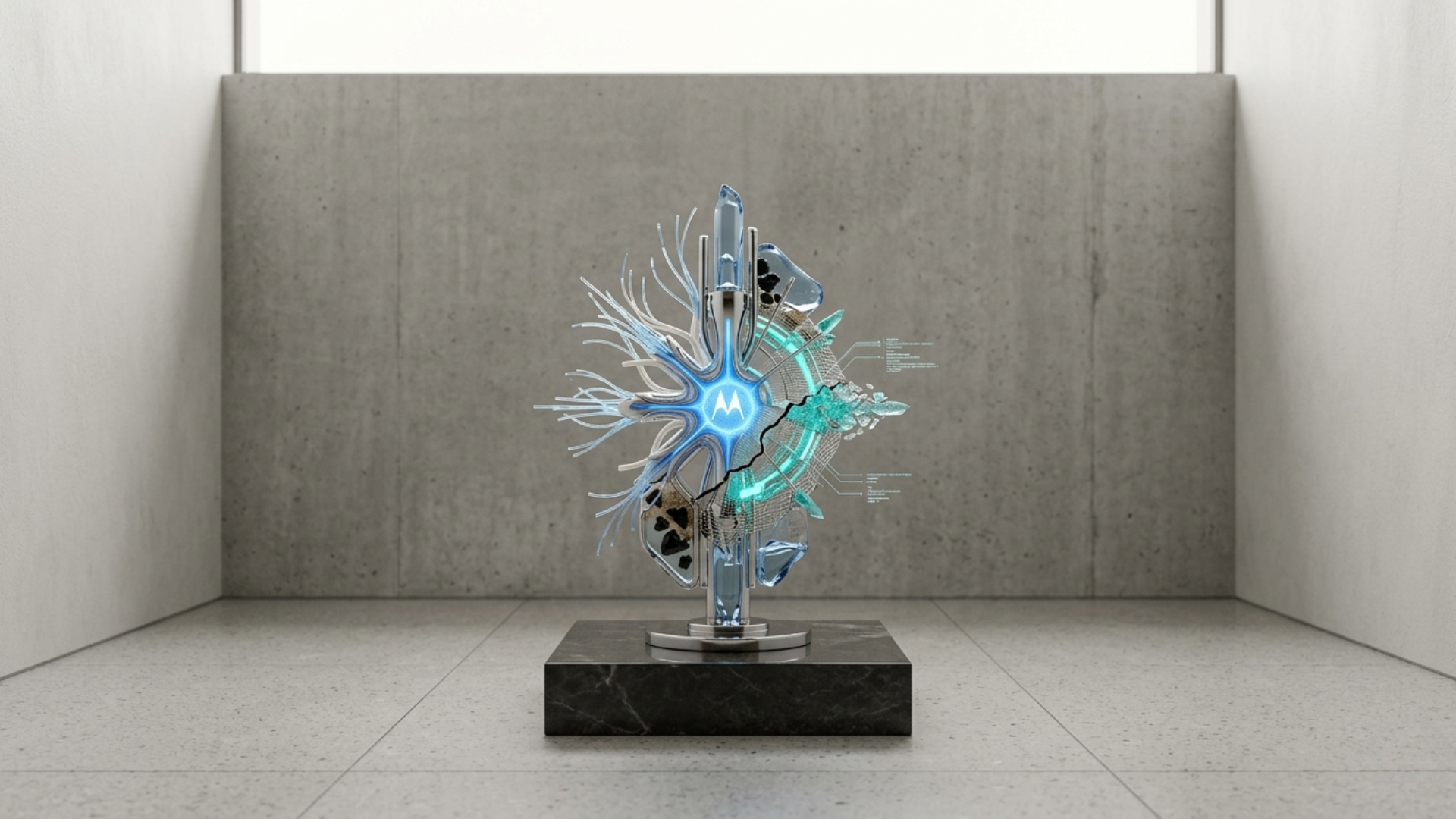 Escultura digital disruptiva representando uma rede neural de IA integrada a um núcleo tecnológico minimalista, simbolizando a inovação e o monitoramento em tempo real.