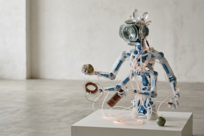 Uma escultura robótica humanoide translúcida de design minimalista, composta por engrenagens visíveis e cabos de fibra ótica, manuseando delicadamente objetos orgânicos e tecnológicos sobre um pedestal branco em um ambiente de arquitetura escandinava com luz natural suave.