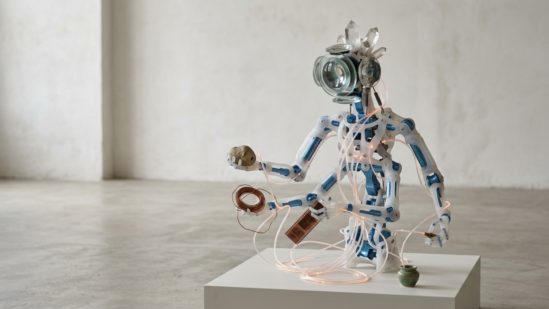 Uma escultura robótica humanoide translúcida de design minimalista, composta por engrenagens visíveis e cabos de fibra ótica, manuseando delicadamente objetos orgânicos e tecnológicos sobre um pedestal branco em um ambiente de arquitetura escandinava com luz natural suave.