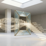 Uma escultura de vidro flutuante em formato de portal, cercada por anéis de dados digitais e uma escada de luz, em um ambiente arquitetônico minimalista e amplo.