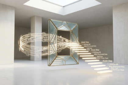 Uma escultura de vidro flutuante em formato de portal, cercada por anéis de dados digitais e uma escada de luz, em um ambiente arquitetônico minimalista e amplo.