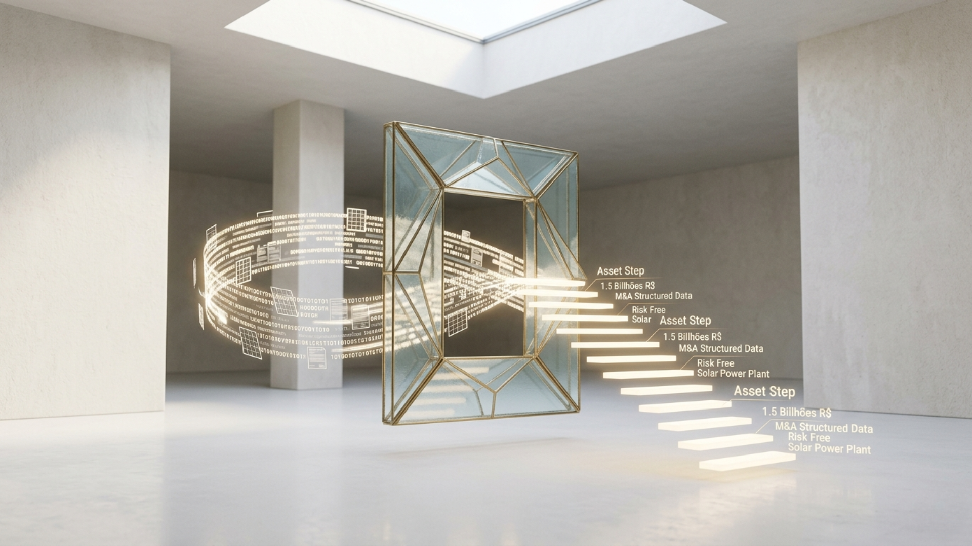 Uma escultura de vidro flutuante em formato de portal, cercada por anéis de dados digitais e uma escada de luz, em um ambiente arquitetônico minimalista e amplo.