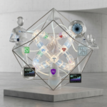 Escultura geométrica abstrata em ambiente minimalista representando a inteligência artificial na saúde, com elementos flutuantes que simbolizam a integração de agentes autônomos, sistemas financeiros e grandes tecnologias como Meta e Nubank.