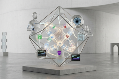 Escultura geométrica abstrata em ambiente minimalista representando a inteligência artificial na saúde, com elementos flutuantes que simbolizam a integração de agentes autônomos, sistemas financeiros e grandes tecnologias como Meta e Nubank.