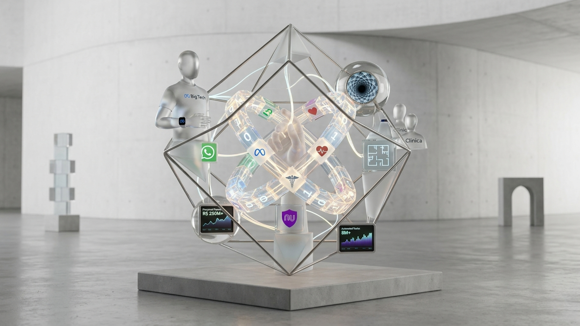 Escultura geométrica abstrata em ambiente minimalista representando a inteligência artificial na saúde, com elementos flutuantes que simbolizam a integração de agentes autônomos, sistemas financeiros e grandes tecnologias como Meta e Nubank.