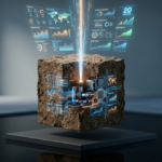 Cubo de solo flutuante integrado a circuitos eletrônicos e processadores, com um feixe de laser azul disparando do centro e projetando hologramas de indicadores financeiros e dados de carbono em um ambiente minimalista.