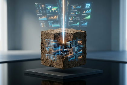 Cubo de solo flutuante integrado a circuitos eletrônicos e processadores, com um feixe de laser azul disparando do centro e projetando hologramas de indicadores financeiros e dados de carbono em um ambiente minimalista.