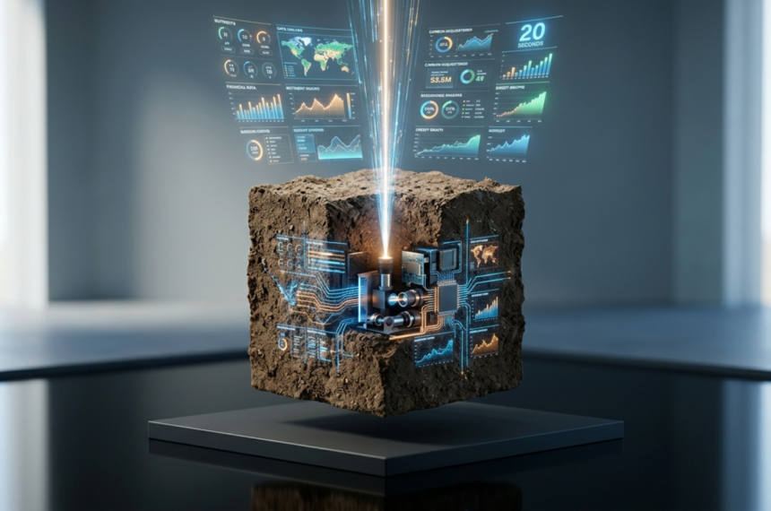 Cubo de solo flutuante integrado a circuitos eletrônicos e processadores, com um feixe de laser azul disparando do centro e projetando hologramas de indicadores financeiros e dados de carbono em um ambiente minimalista.