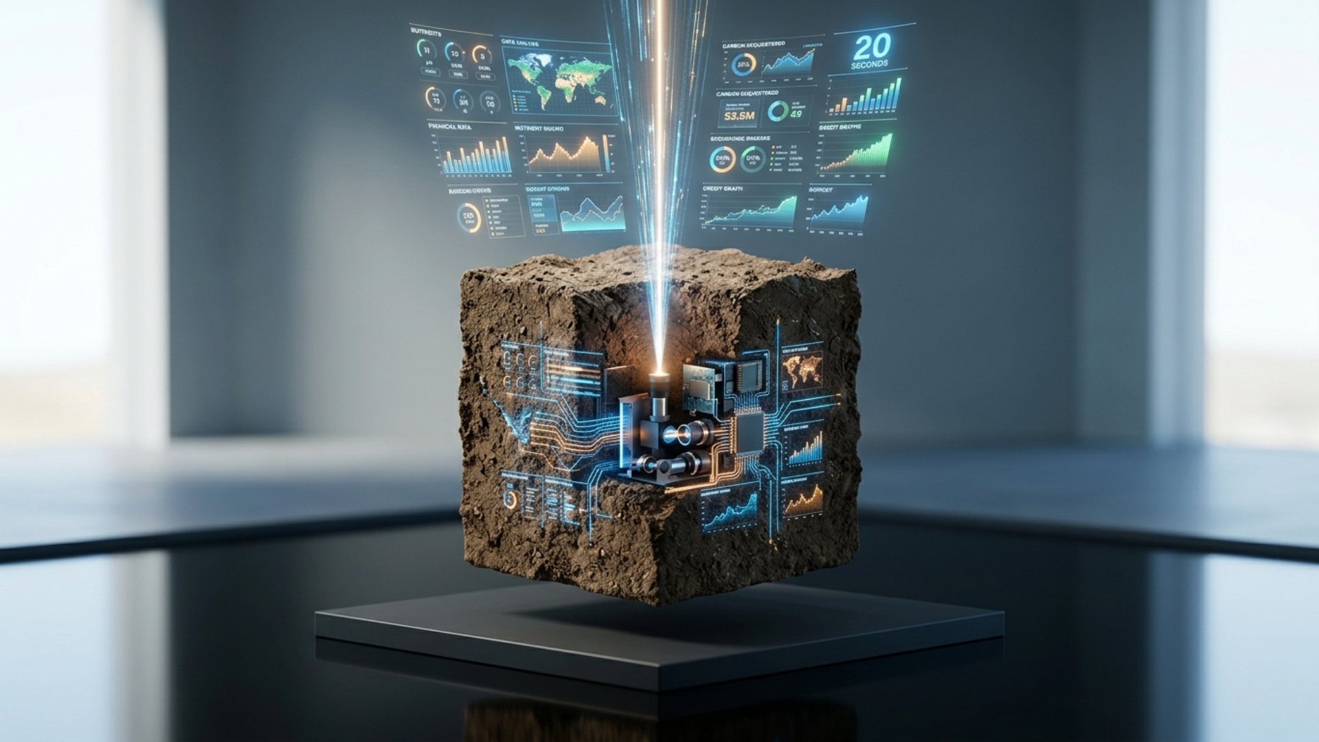 Cubo de solo flutuante integrado a circuitos eletrônicos e processadores, com um feixe de laser azul disparando do centro e projetando hologramas de indicadores financeiros e dados de carbono em um ambiente minimalista.