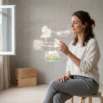 Uma fotografia de estilo minimalista de uma mulher sentada em um banco de madeira, interagindo com uma interface holográfica flutuante que exibe ícones digitais e texto relacionado ao gerenciamento de um site WordPress, como 'WP-Vibe', 'CREATE POST' e imagens de flores de primavera. O ambiente é um estúdio de concreto claro com uma janela aberta e luz natural suave. A imagem ilustra o conceito de gerenciamento de site por voz ou comando de pensamento, como discutido no parágrafo de resumo.