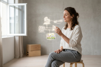 Uma fotografia de estilo minimalista de uma mulher sentada em um banco de madeira, interagindo com uma interface holográfica flutuante que exibe ícones digitais e texto relacionado ao gerenciamento de um site WordPress, como 'WP-Vibe', 'CREATE POST' e imagens de flores de primavera. O ambiente é um estúdio de concreto claro com uma janela aberta e luz natural suave. A imagem ilustra o conceito de gerenciamento de site por voz ou comando de pensamento, como discutido no parágrafo de resumo.